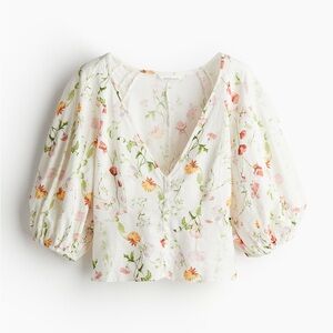 Floral Puff Sleeve Blouse H&M Linen blend